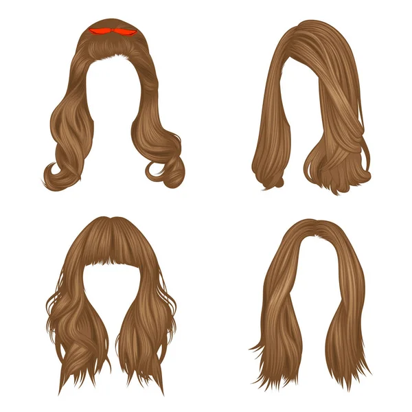 Wektor Zestaw Fryzur Dla Kobiet Długie Włosy Naturalne Kolory — Wektor stockowy