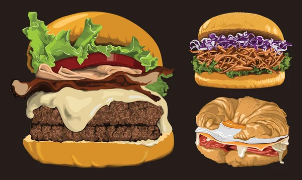 Siyah üzerine izole burger ve sandviç vektör seti - Vektör