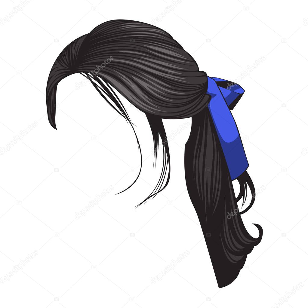 Long black hair, long black hair, tightened with dark blue ribbon Japanese student hairstyle