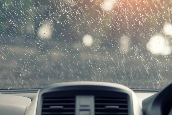 Raindrops Windshield View Car Console Area Soft Sunlight — Stock Photo, Image