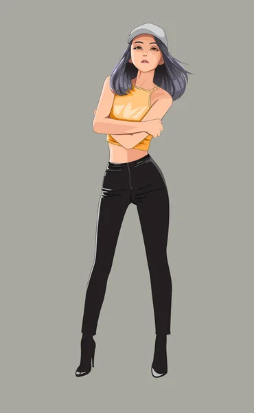 Gri arka planda poz veren anime manga kızı modası. Dar siyah pantolon içinde çok tatlı ve seksi..