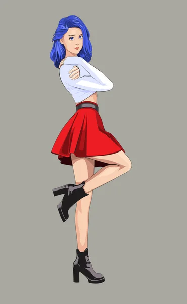 Gri arka planda poz veren anime manga kızı modası. O, kırmızı mini etek içinde sevimli ve seksi.. 