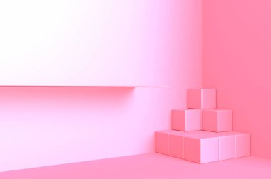 3D sevimli pembe küp kutusu ve raf minimum stüdyo.