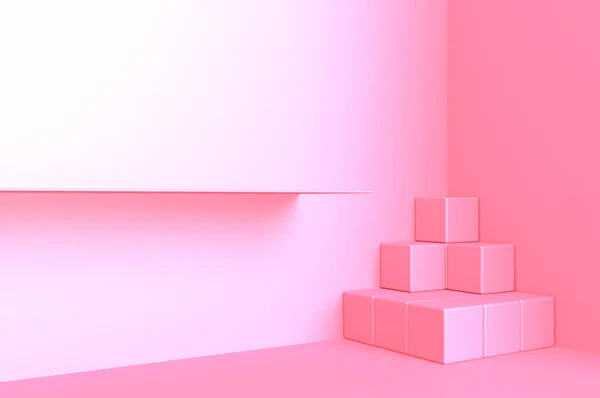 3D sevimli pembe küp kutusu ve raf minimum stüdyo.