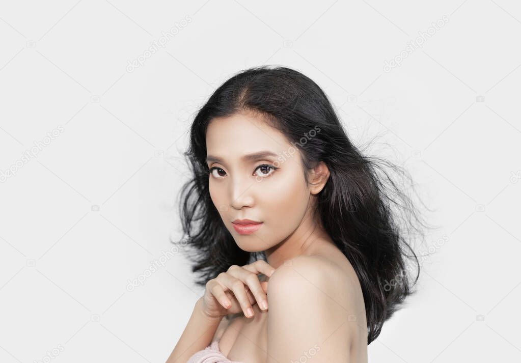 Girl's face Show facial organs and skin on a white background under the concept of beauty, cosmetic products and women.