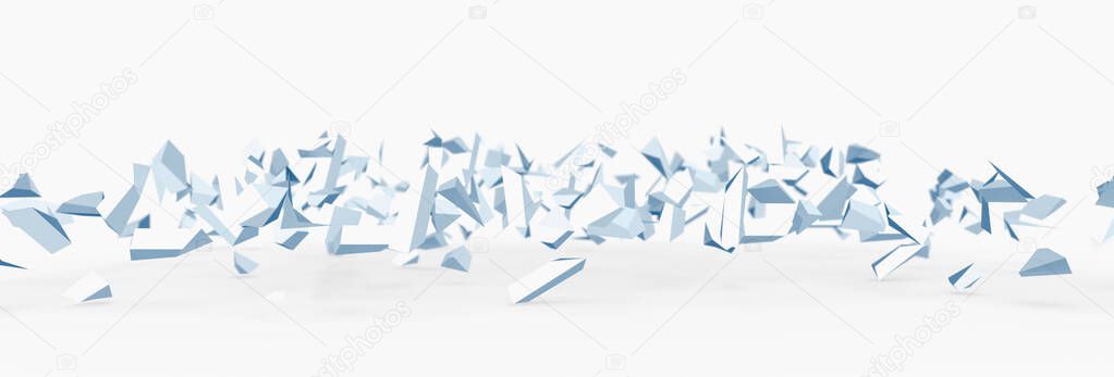 Abstract 3d rendering of fragment that spread to the front. Poster with random fragment in empty space. Futuristic background.