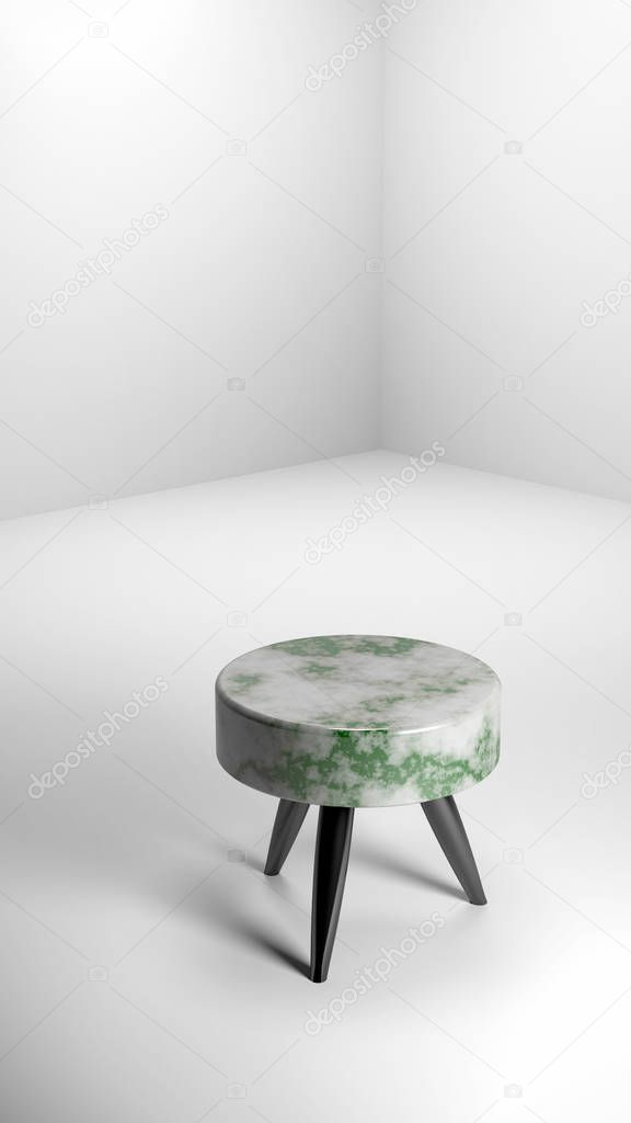 3D rendering of round bench made of green marble or jade. Marble product stand in white studio.