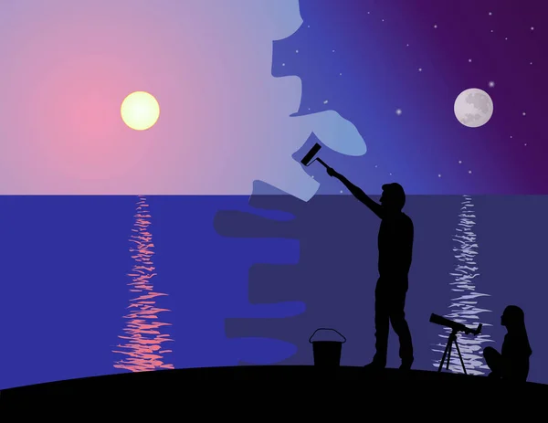 Silueta Una Pareja Fondo Playa Hombre Pintando Pared Cambio Noche — Archivo Imágenes Vectoriales