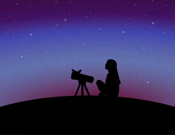 Silueta Chica Mirando Las Estrellas Chica Con Telescopio Fondo Del — Archivo Imágenes Vectoriales