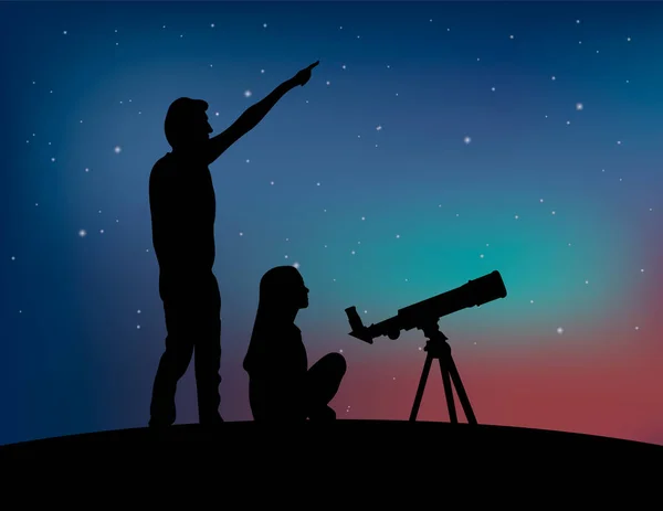 Silueta Par Personas Con Telescopio Fondo Del Cielo Estrellado Hombre — Archivo Imágenes Vectoriales