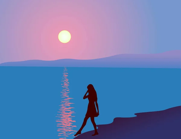 Girl Silhouette Sea Sunset Background — Stock Vector