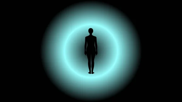 Bilinmeyen bir eşikteki gizemli ışığın önünde duran bir insanın soyut vektör çizimi