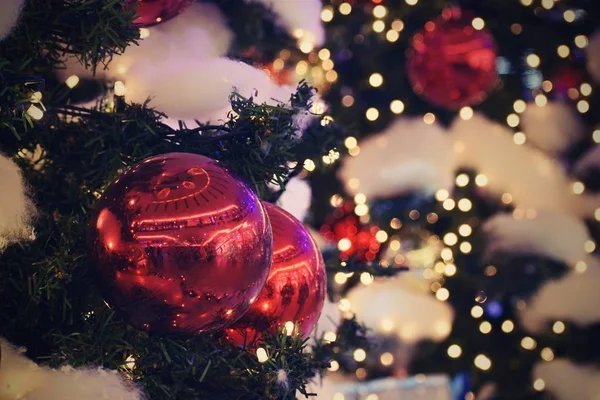 Karácsonyi Újévi Ünnepek Háttér Téli Szezonban Karácsonyi Üdvözlőlap Díszek Lámpák — Stock Fotó