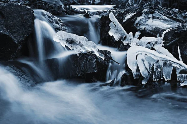Kış dere içinde su akan bulanık. Ormanda kış doğanın güzel fotoğraf. — Stok fotoğraf