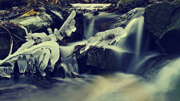 Kış dere içinde su akan bulanık. Ormanda kış doğanın güzel fotoğraf. — Stok fotoğraf