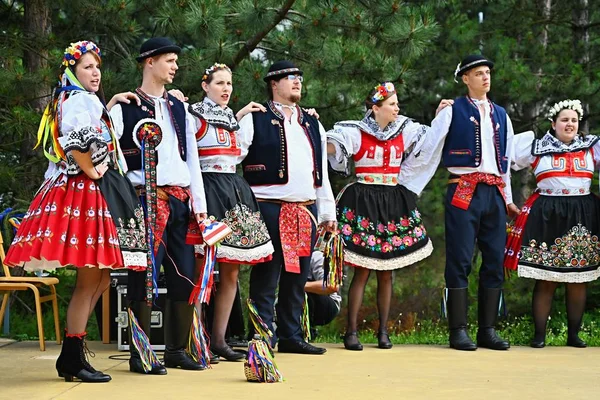 Brno-Bystrc, Česká republika, 22. června 2019. Tradiční Česká slavnost. Folkový festival. Děvčata a chlapci tančí v krásných kostýmech. Starý křesťanský svátek, den hojnosti, radosti a prosperity. — Stock fotografie