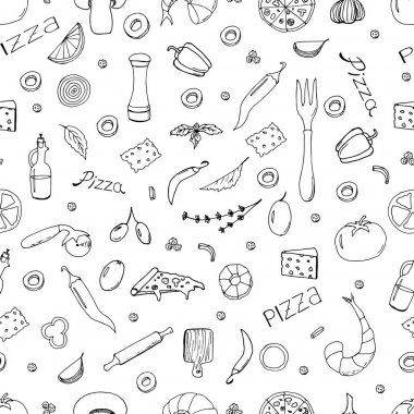 El çizilmiş vektör doodle pizza dikişsiz desen. Ambalaj, menü tasarımı ve iç dekorasyon için kullanışlıdır. Elle çizilmiş harfler. Beyaz arka planda yalıtılmış çizim  