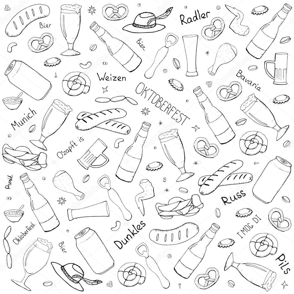 Vector background with beer, snacks and seafood. Doodle hand drawing set of vector sketches on black background. Sketchy collection of beer elements. Oktoberfest. Munich. Bavaria