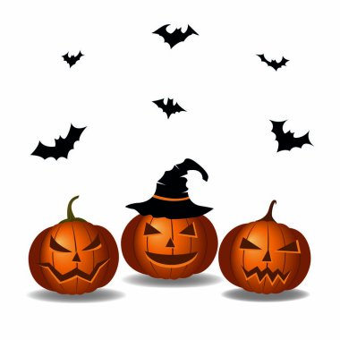 Cadılar Bayramı Doodle'ı. Kızgın yarasalar, üç kabak ile beyaz bir arka plan üzerinde izole nesneler. Kızgın ve nazik balkabağı. sihirli şapka