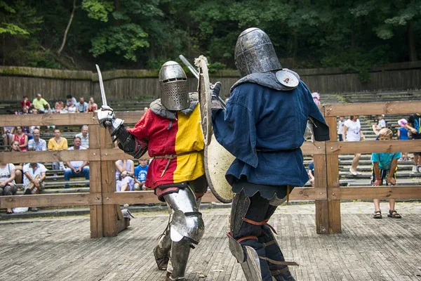 Lviv Ucrania Agosto 2018 Festival Historia Medieval Duelos Caballeros Parque — Foto de Stock