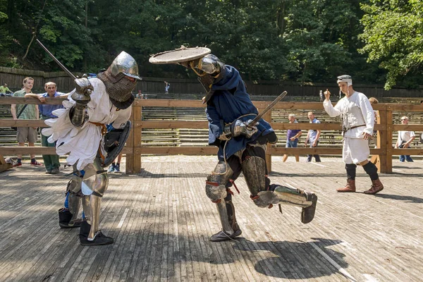 Lviv, Ukrayna Ağustos 04, 2018: Festival Ortaçağ tarihi ve knight duels Lviv.Knights mücadele grup savaşlarda şehir parkında