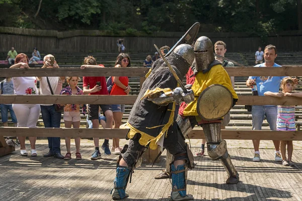 Lviv, Ukrayna Ağustos 04, 2018: Festival Ortaçağ tarihi ve knight duels Lviv.Knights mücadele grup savaşlarda şehir parkında
