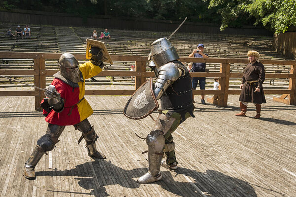 Lviv , Ukraine  august ,04, 2018:  Festival of medieval history and knight duels in the city park in Lviv.Knights fight in group battles