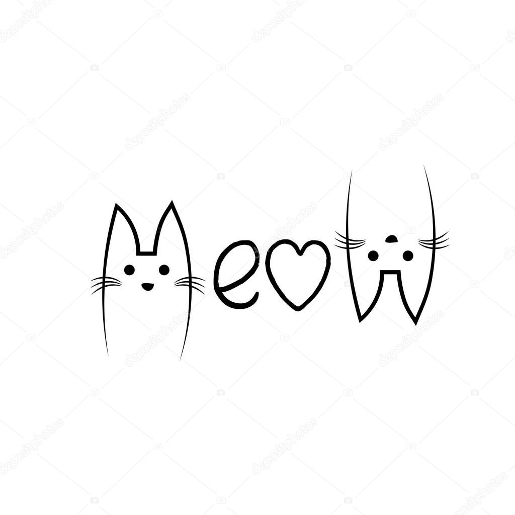 Cute Cat Vector Design with Meow text Design, Kitten face vector background for print or use as poster, card, flyer or T Shirt