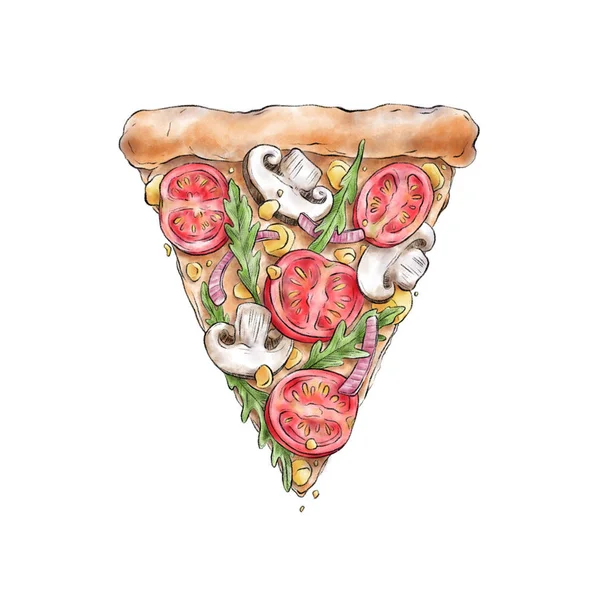 ビーガン ピザ健康的な食べ物 白いバックグローンに隔離された手描きのイラスト — ストック写真