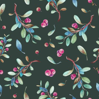 Gerçekçi kırmızı çilek ve doğa elemanları ile dikişsiz suluboya el boyalı böğürtlen deseni. Koyu yeşil arka planda Lingonberry. Baskılar, kumaş tasarımı, ambalaj ve dijital kağıt lar için mükemmel