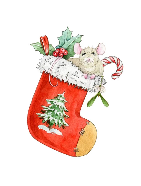 Watercolor illustration of a funny  mouse with gifts, sweets and mistle in a christmas sock. Happy New Year greeting card. Chinese symbol of the 2020 year. — Stock Photo, Image