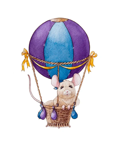 Watercolor little mouse or rat illustration travelling in air balloon. Chinese zodiac symbol of new year 2020. — Stock Photo, Image