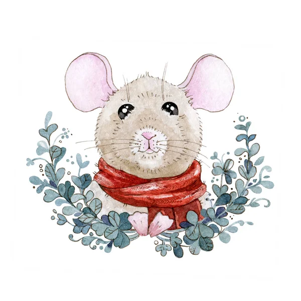 Watercolor mouse or rat illustration in a red scarf with nice winter new year wreath. Cute little mouse a simbol of chinese zodiac 2020 new year with eucalyptus isolated on white background. — Stock Photo, Image