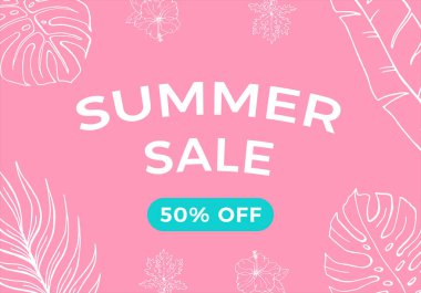 Tropikal yaprakları arka plan, afiş, el ilanı, davetiye, poster, web sitesi veya tebrik kartı için egzotik çiçek tasarımı ile Yaz satış afiş. Pembe ve mavi renklerle indirim vektör illüstrasyon.