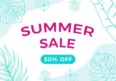 Tropikal yaprakları ve dalgalar arka plan, afiş, indirim, el ilanı, davetiye, poster için egzotik çiçek tasarımı ile Yaz satış afiş. İndirim vektör illüstrasyon mavi ve pembe renkler.