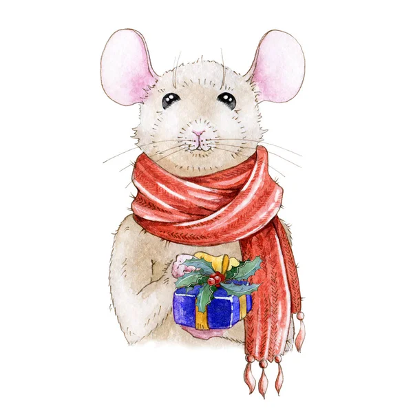 Christmas watercolor hand painted illustration of a nice mouse in a cozy winter red warm scarf. A chinese new year symbol of 2020. — Stock Photo, Image