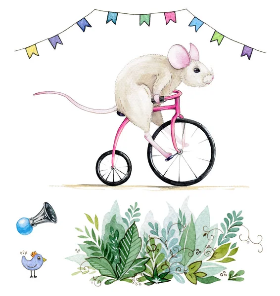 Akwarela ręcznie rysowane zestaw z ilustracją śmieszne myszy jazdy rowerem pod flagami i niektóre elementy party. — Zdjęcie stockowe