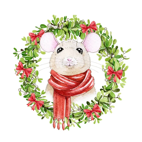 Illustrazione del mouse ad acquerello in una sciarpa rossa con bella corona di vischio natalizio invernale con nastri rossi. Carino piccolo ratto un simbolo di zodiaco cinese 2020 nuovo anno isolato su sfondo bianco . — Foto Stock