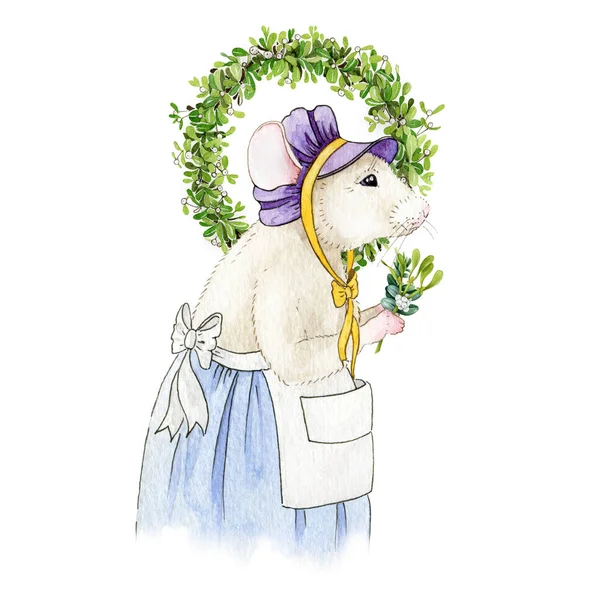 Christmas watercolor illustration of a mouse (or rat), decorating home with a mistletoe wreath. White rat chinese zodiac symbol 2020 new year. — Stock Photo, Image