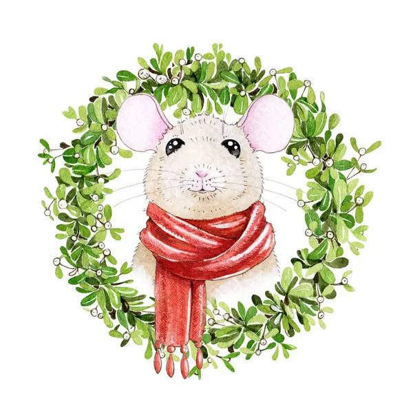 Ilustrasi tikus berwarna air dalam syal merah dengan karangan bunga mistletoe musim dingin yang bagus. Lucu sedikit kartun tikus sebuah simbol zodiak Cina 2020 tahun baru terisolasi pada latar belakang putih . — Stok Foto