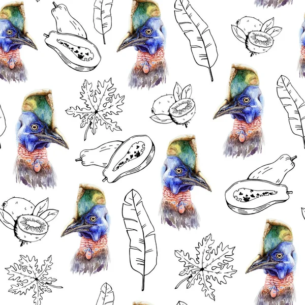 Cassowary kuşlar ve tropikal meyve ve beyaz arka plan üzerinde yaprakları ile el çizilmiş dikişsiz desen. Siyah grafik egzotik flora ile karışık kuşların suluboya görüntüleri. — Stok fotoğraf