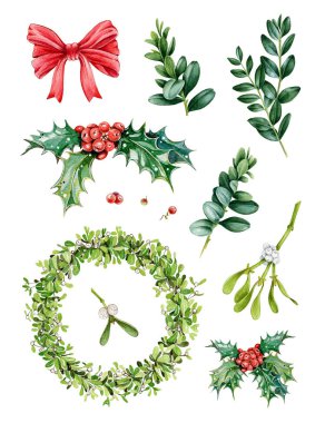 Suluboya el boyamış ağaç dalları, ökseotu wraeth, Holly, kırmızı çilek, yeşil yaprakları ile set Noel boyalı. Beyaz bir arka planda izole tatil tasarım için Illustration.