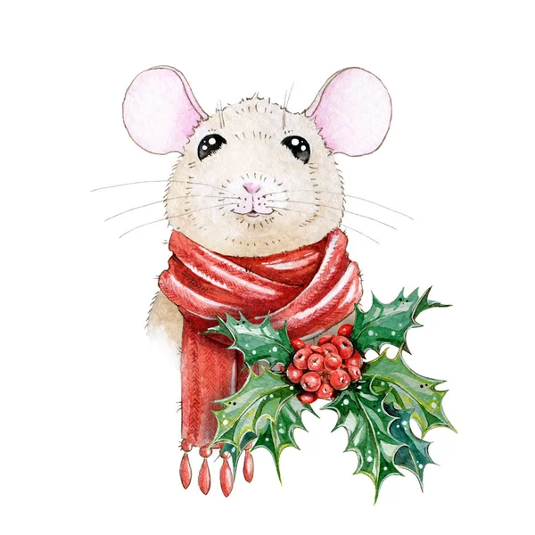 Aquarela de Natal pintado à mão ilustração de um mouse agradável em um cachecol quente vermelho de inverno acolhedor. Um símbolo de ano novo chinês de 2020 . — Fotografia de Stock