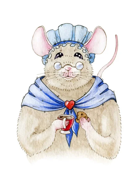 Watercolor illustration of a small funny mouse in a blue cap and shawl. Cute little rat with a cup and cookie, wearing glasses, isolated on white background. — Stock Photo, Image