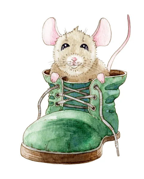 Watercolor illustration of a funny little mouse, sitting in the green shoe. Hand drawn cute rat, Chinese new year symbol of 2020, in an old boot. Isolated on white background. — Stock Photo, Image