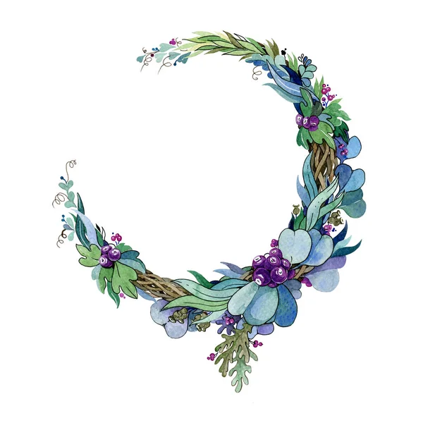 Watercolor illustration of a floral wreath. Hand drawn flower arrangement from eucalyptus, purple berries, tree branches and fern. Isolated on white background. — Stock Photo, Image