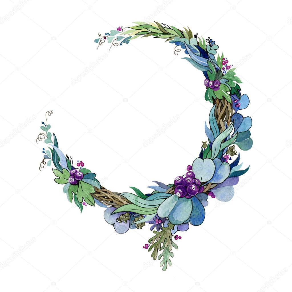 Watercolor illustration of a floral wreath. Hand drawn flower arrangement from eucalyptus, purple berries, tree branches and fern. Isolated on white background.