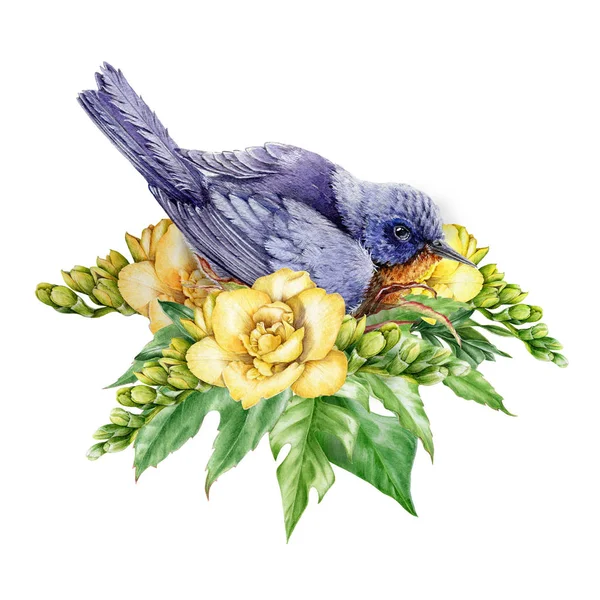 Watercolor illustration of an eastern bluebird in flowers. Beautiful blue bird sitting in yellow freesia flowers and green leaves. Peacefull harmony composition. Isolated on white background — Stock Photo, Image