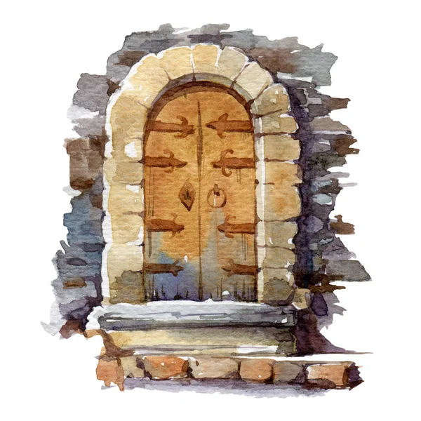 Watercolor illustration of an old yellow door. Vintage wooden entrance with stone arch and steps. Isolated on white background — Stock Photo, Image