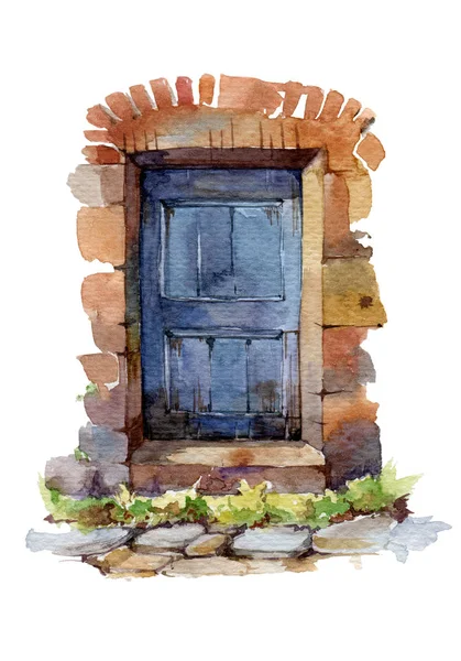 Ilustración en acuarela de una vieja puerta azul. Entrada de madera vintage con arco de piedra y escalones. Aislado sobre fondo blanco — Foto de Stock